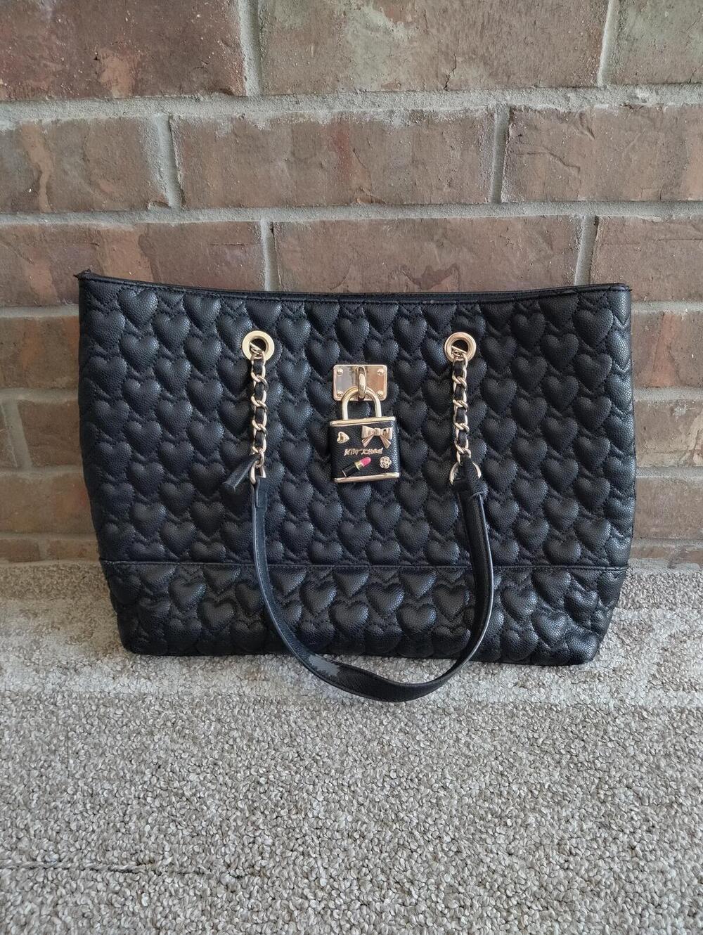 Betsey Johnson Black Heart Quilted Tote Bag Gold Chain Lock Charm